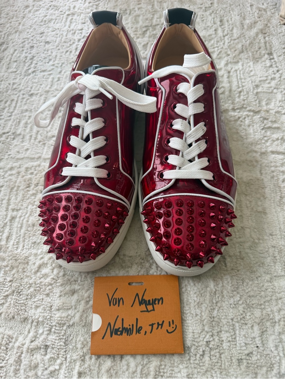 Red Spiked Patent Leather Women's Sneakers - Designer Style